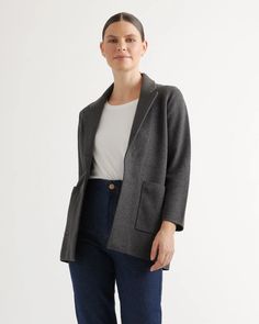 100% Organic Cotton Knit Blazer Classic Blazer With Lapel Collar For Layering, Classic Single Breasted Blazer For Layering, Long Sleeve Cotton Sweater Coat For Work, Classic Long Sleeve Blazer For Everyday, Cotton Long Sleeve Sweater Coat For Work, Modern Cardigan For Workwear In Fall, Casual Wool Blazer For Layering, Casual Shawl Collar Sweater Coat For Work, Everyday Tailored Single Breasted Blazer