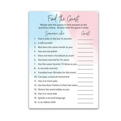 a pink and blue baby shower game with the words find the guest