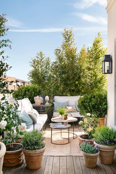 an outdoor living area with potted plants and couches on the wooden flooring