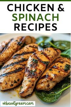 grilled chicken and spinach recipe on a white plate