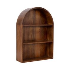 a wooden book shelf with an arched design on the top and bottom shelves, made out of wood