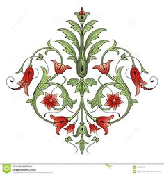 an ornamental design with red flowers and green leaves on a white background, hand drawn