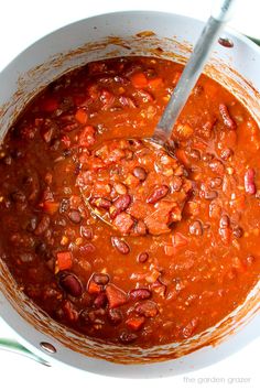 A quick and easy (30 minute) Hearty Vegan Chili recipe made with two types of beans. Thick, satisfying, and filled with protein and fiber.