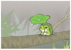 a green frog sitting on top of a tree next to a leafy plant and water