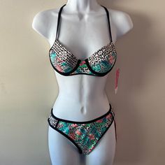 Hula Honey 2 Pc Swimsuit Top Is Bikini With Cross Cross Back Soft Padded Cups, And Underwire Top Is Size Small Bottoms Are High Cut Leg Bottoms Are Size Medium Measurements Bottoms-14 Inches Across Waist, 8.5 Inch Rise New Black, White, Green, Orange Underwire Swimwear Partially Lined For The Beach, Underwire Partially Lined Swimwear For The Beach, Underwire Partially Lined Swimwear For Beachwear, Partially Lined Underwire Swimwear For Swimming, Underwire Partially Lined Swimwear For Swimming, Fitted Partially Lined Swimwear For Beach, Partially Lined Swimwear For Pool And Beach Season, Underwire Top, Swimsuit Tops