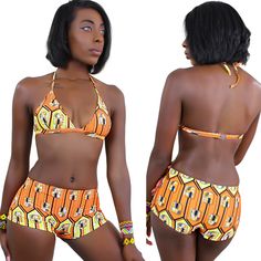 Ankara bathing suit Orange Beachwear Halter Top For Poolside, Orange Triangle Top Swimwear With Built-in Bra, Orange Halter Top For Poolside Beachwear, Orange Triangle Halter Top For Beachwear, Orange Halter Top For Poolside, Orange Beachwear Halter Top For Beach Season, Orange Halter Neck Swimwear For Festival, Orange Beachwear Halter Top, Orange Halter Top For Beach Season