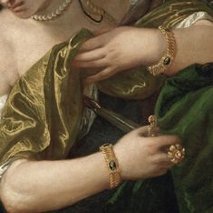 a close up of a painting of a woman wearing gold bracelets and holding a pair of scissors