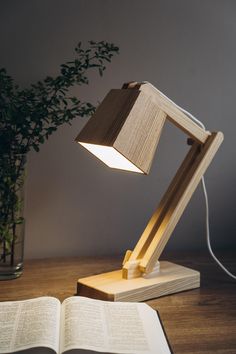 an open book on a wooden table next to a lamp and a vase with a plant