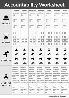 Accountability Worksheet - Nourish Myself Ayurveda | Gym Printable Planner Accountability Worksheets Free Printable, Accountability Group Ideas, Trama Healing, Accountability Chart, Self Accountability, Journaling Templates, Fitness Accountability