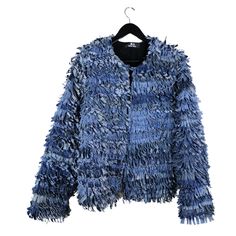 Upcycled denim faux fur jacket made by designer Stevie Leigh Denim Fashion Outfits, Worcester Massachusetts, Denim Scraps, Custom Clothing Design, Fringe Coats, Genderless Fashion, Denim Texture, Denim Blazer, Upcycled Denim