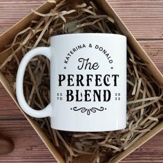 the perfect blend coffee mug sits in a box