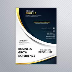 a modern business brochure is displayed on a white and blue striped background with gold accents