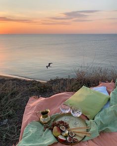 a plate of food is sitting on a blanket near the ocean with a bird flying in the background