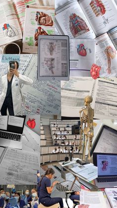 a collage of photos with people working on laptops and medical equipment in the background