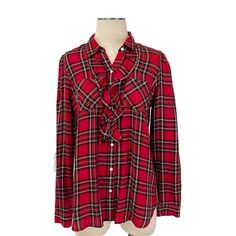 Gap- Red Plaid Ruffle Button Down Shirt Size Medium Tall. Colors Are A True Red With Black, Yellow, White. Fabric Is Drapey (Not Like A Traditional Flannel). Two Front Chest Pockets. Ruffles At The Front Middle Down Halfway. Subtle Curved Hem. No Holes, Stains, Tears. Shoulder-Bottom Measures About 25” Long (At The Shortest Point, The Side). Armpit-Armpit Measures About 19.5” Across Laid Flat. Original Tag Attached. (C-0) Fitted Button-up Gap Tops, Fall Button-up Shirt With Ruffles, Fall Button-up Ruffled Shirt, Fall Ruffled Button-up Shirt, Fall Ruffle Button-up Shirt, Fitted Button Closure Shirt By Gap, Fitted Gap Shirt With Button Closure, Gap Red Long Sleeve Top, Red Long Sleeve Tops By Gap