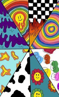 an assortment of colorful images with different shapes and sizes in the middle one has a smiley face on it