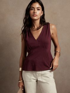 Malibu Slub Top | Banana Republic Factory Versatile V-neck Tank Top For Everyday, Chic Modal V-neck Tops, Chic V-neck Modal Tops, Versatile V-neck Tank Top For Summer, Chic Cotton V-neck Tank Top, Casual Sleeveless Modal Tops, Casual Sleeveless Modal Camisole, Versatile V-neck Tank Top, Casual Modal Camisole