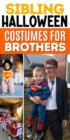 Collage of matching sibling Halloween costumes for brothers, including babies, toddlers, and boys. Brother Sister Costumes, Brother Halloween Costumes, Brother Sister Halloween Costumes, Sibling Costumes, Family Costume Ideas, Sister Halloween Costumes