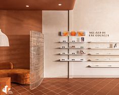 the interior of a store with shelves and chairs