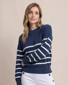 The front view of the Southern Tide Haisley Stripe Crew Neck Sweater by Southern Tide - Dress Blue Striped Cotton Sweater For Fall, Striped Sweater For Workwear In Fall, Striped Sweater For Work In Fall, Casual Fall Sweater With Striped Cuffs, Striped Cotton Sweater With Striped Hem, Cotton Sweater With Striped Hem For Fall, Striped Sweater With Striped Cuffs For Work, Striped Relaxed Fit Sweater For Layering, Fall Workwear Sweater With Striped Hem