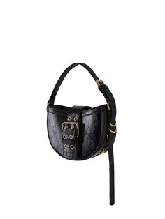 Editor's NotePLAYNOMORE is a brand that pursues the pleasure of fashion as it is.- Natural wrinkle textured bag- Length adjustable strap- Bold buckle decoration point- Two small pockets on the front for practicality- Half moon shaped bag Measurements (in.)- Size: 6.69 in. (W) * 4.72 in. (H) * 2.48 in. (D)- Strap Drop: 3.74 in. ~ 9.06 in.- Long Strap Length: 37.80 in. ~ 47.05 in. Composition & Care- Artificial Leather, Gold Plated Brass- Avoid direct heat and moisture- Keep it Luxury Office Bags With Buckle Closure, Luxury Crossbody Shoulder Bag With Buckle Closure, Luxury Everyday Shoulder Bag With Buckle Closure, Luxury Satchel Shoulder Bag With Buckle Closure, Black Top Handle Shoulder Bag With Buckle Closure, Formal Top Handle Bag With Buckle Closure, Leather Office Bags With Buckle Closure, Office Leather Bags With Buckle Closure, Office Leather Bag With Buckle Closure