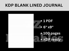 the kd blank lined journal is shown in black and white with measurements for each page