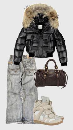 Activities List, Fur Jacket Outfit, Black Fur Jacket, Puffer Outfit, 00s Mode, Cool Outfit Ideas, Puffer Jacket Outfit, Cool Outfit, Skandinavian Fashion