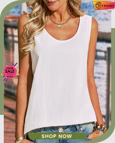 Sleeveless Cotton-blend T-shirt Spring Crew Neck Vest Top, Casual Solid Color Crew Neck Tank Top, Casual Vest Top With Scoop Neck, Solid Color Scoop Neck Top For Summer, Casual Sleeveless Top In Solid Color, Casual Crew Neck Tank Top, Casual Solid Sleeveless Top, Summer Solid Color Tops With Scoop Neck, Summer Solid Color Top With Scoop Neck