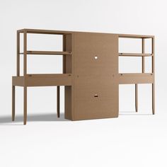 a wooden desk with shelves on the top and bottom, in front of a white background