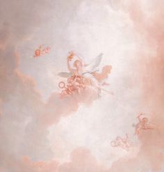 an artistic painting with angels flying in the sky and clouds above it is pink, white and orange