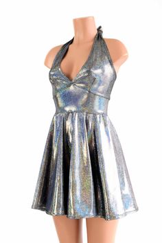 Silver Holographic Halter Tie Back Fit and Flare Skater Dress - 154219 Elemental Outfits, Metallic Skirt Outfit, Space Festival, Alien Halloween Costume, Holographic Dress, Pastel Rainbow Hair, Rave Dress, Aged Clothing, Space Dress