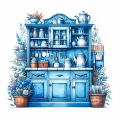 a painting of a blue kitchen with pots and pans