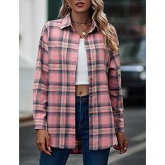 Pink Plaid Print Boyfriend Button Shirt Plaid Tops With Casual Collar And Button Closure, Casual Fall Shirt With Buttons, Casual Single-breasted Shirt For Fall, Plaid Long Sleeve Shirt With Snap Buttons, Casual Plaid Shirt With Snap Buttons, Plaid Shirt With Snap Buttons, Plaid Shirt With Snap Buttons And Long Sleeves, Pink Casual Winter Shirt, Spring Relaxed Fit Flannel Shirt With Button Closure