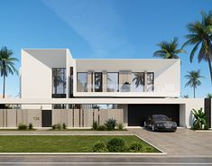 a car is parked in front of a modern house