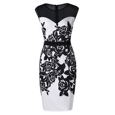 Plus Size Flower Print Mesh Panel Work Dress - White And Black - 3H62178712 - Women's Clothing, Plus Size Women's Clothing  #PlusSizeWomensClothing #Women's #Clothing # #Plus #Size #Women's #Clothing Fitted Floral Print Office Dresses, Formal Fitted Sleeveless Dress With Floral Print, Fitted Floral Print Sleeveless Sheath Dress, Elegant Black Sleeveless Dress With Floral Print, Fitted Black Sleeveless Dress With Floral Print, Work Wear Office, Summer Bodycon Dress, Work Dress, Work Wear Women