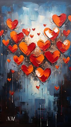 an abstract painting with red hearts floating in the air