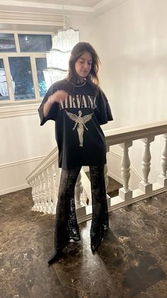 Metal Tee Outfit, 2024 Evening Outfits, Pants And T Shirt Outfit, Lace Grunge Outfit, Lace Undershirt Outfit Graphic Tee, Feather Trim Jeans Outfit, Rammstein Concert Outfit, Lace Pants Outfit Classy, Nirvana T Shirt Outfit