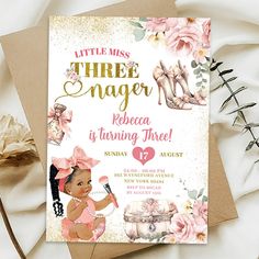 African Girl Little Miss Threenager Third Birthday Invitation Little Miss Threenager Birthday Ideas, Threenager Birthday Party, Third Birthday Invitations, African Girl, Third Birthday, 2nd Birthday Parties, Little Miss