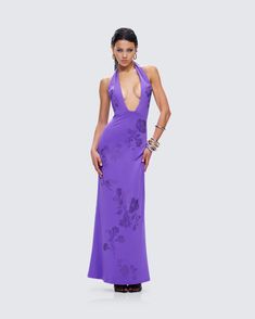 We see a dinner date in your future 😉 Dress to impress in this elegant yet sultry purple maxi dress made from jersey fabric and complete with a low plunge neckline, halter ties, and rhinestone detailing ✨💜 Fitted Purple Halter Neck Maxi Dress, Purple Maxi Evening Dress For Night Out, Purple Halter Neck Maxi Dress For Party, Purple Floor-length Maxi Dress For Night Out, Purple V-neck Maxi Dress For Night Out, Purple Halter Neck Dress For Party, Glamorous Purple Evening Maxi Dress, Purple Halter Neck Maxi Dress For Evening, Purple Summer Maxi Dress For Gala