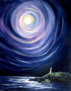 a painting of a lighthouse in the middle of water with a sky full of stars