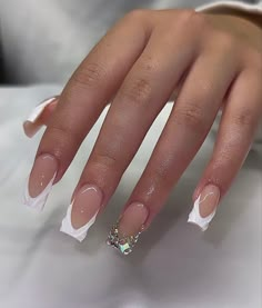 Glam French Tip Nails, Blinged Out French Tip Nails, White Bday Nails, Cute Engagement Nails, Nails Birthday Design Ideas, Diamond French Tip Nails, Cute Square Acrylic Nails, Small Acrylic Nails, Rhinestone French Tip Nails