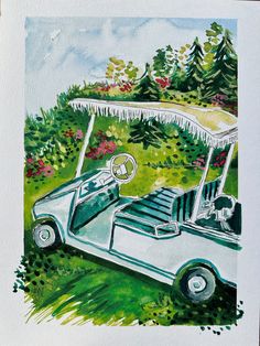 a drawing of a golf cart in the grass