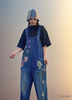 Lasaky - Loose and Casual Denim Overalls with Embroidered Design Casual Blue Embroidered Jeans, Casual Embroidered Spring Jeans, Casual Embroidered Jeans For Spring, Casual Embroidered Medium Wash Jeans, Casual Embroidered Jeans In Medium Wash, Blue Relaxed Fit Jeans With Floral Embroidery, Blue Floral Embroidery Relaxed Fit Jeans, Blue Jeans With Floral Embroidery, Relaxed Fit, Casual Jeans With Floral Embroidery