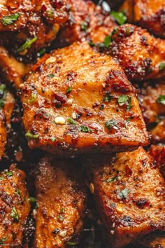 close up view of cooked chicken with herbs