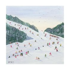 a group of people skiing down a snow covered ski slope in the mountains with pine trees