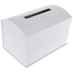 an empty white box with a black strip on the top and bottom lid is sitting in front of a white background