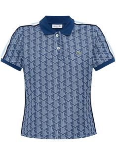 blue cotton blend monogram jacquard short front button fastening polo collar side stripe detailing short sleeves appliqué logo straight hem Yoko London, Exclusive Fashion, Side Stripe, Ski Wear, Polo Collar, Jacket Tops, Denim Dress, Clothes For Sale, Jacket Dress