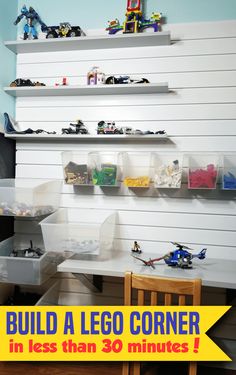 a room filled with lots of toys and shelves on the wall above it is a chair