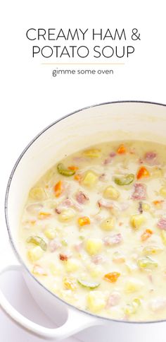 creamy ham and potato soup in a white pot on a white background with text overlay