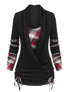 Introducing our Solid Color Wool Knitted Plaid Sleeve Colorblock Top - a perfect addition to your winter wardrobe. Made with high-quality wool, this top offers both comfort and style. The solid color design adds a touch of elegance, while the plaid sleeves create a trendy look. With its colorblock pattern, this top is versatile and can be paired with jeans or skirts for any occasion. The soft fabric ensures warmth during cold weather without compromising on style. Upgrade your fashion game this Black Shirts, Plaid Sleeve, Winter Plaid, Plaid Outfits, Color Block Top, Vintage Blouse, Long Sleeve Plaid Shirt, Plaid Fashion, Long Sleeve Plaid